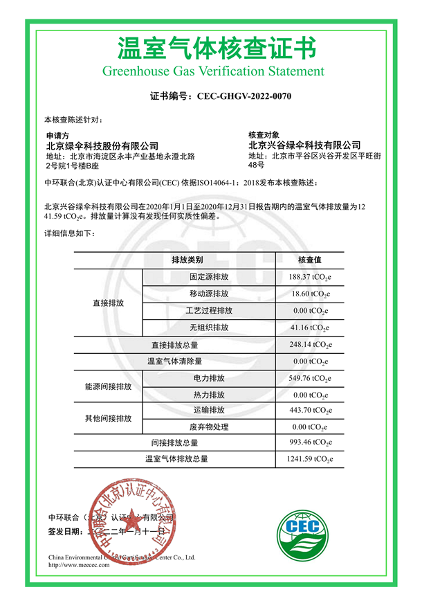 北京兴谷绿伞科技有限公司-CEC-GHGV-2022-0070-温室气体核查证书