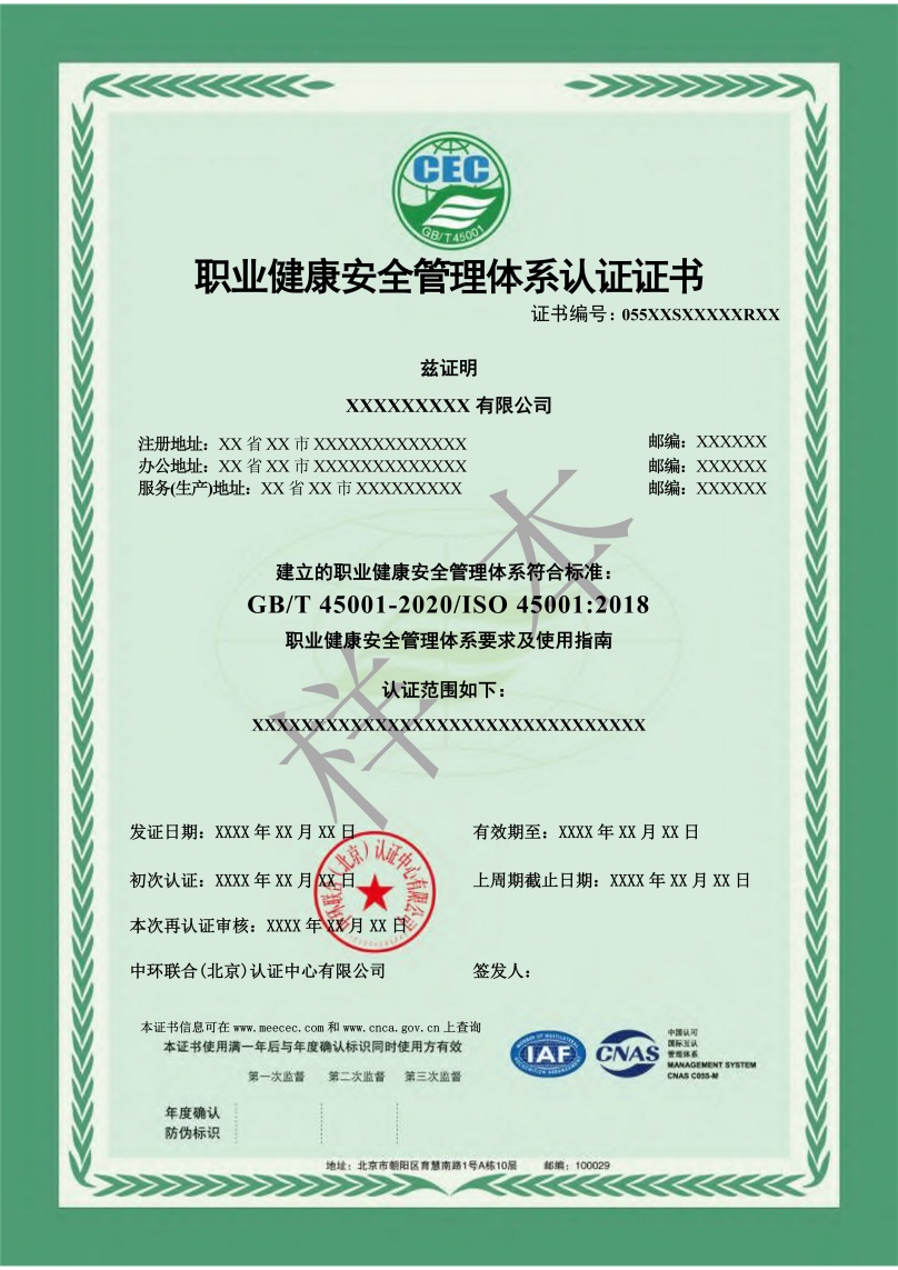 职业健康管理体系证书模版